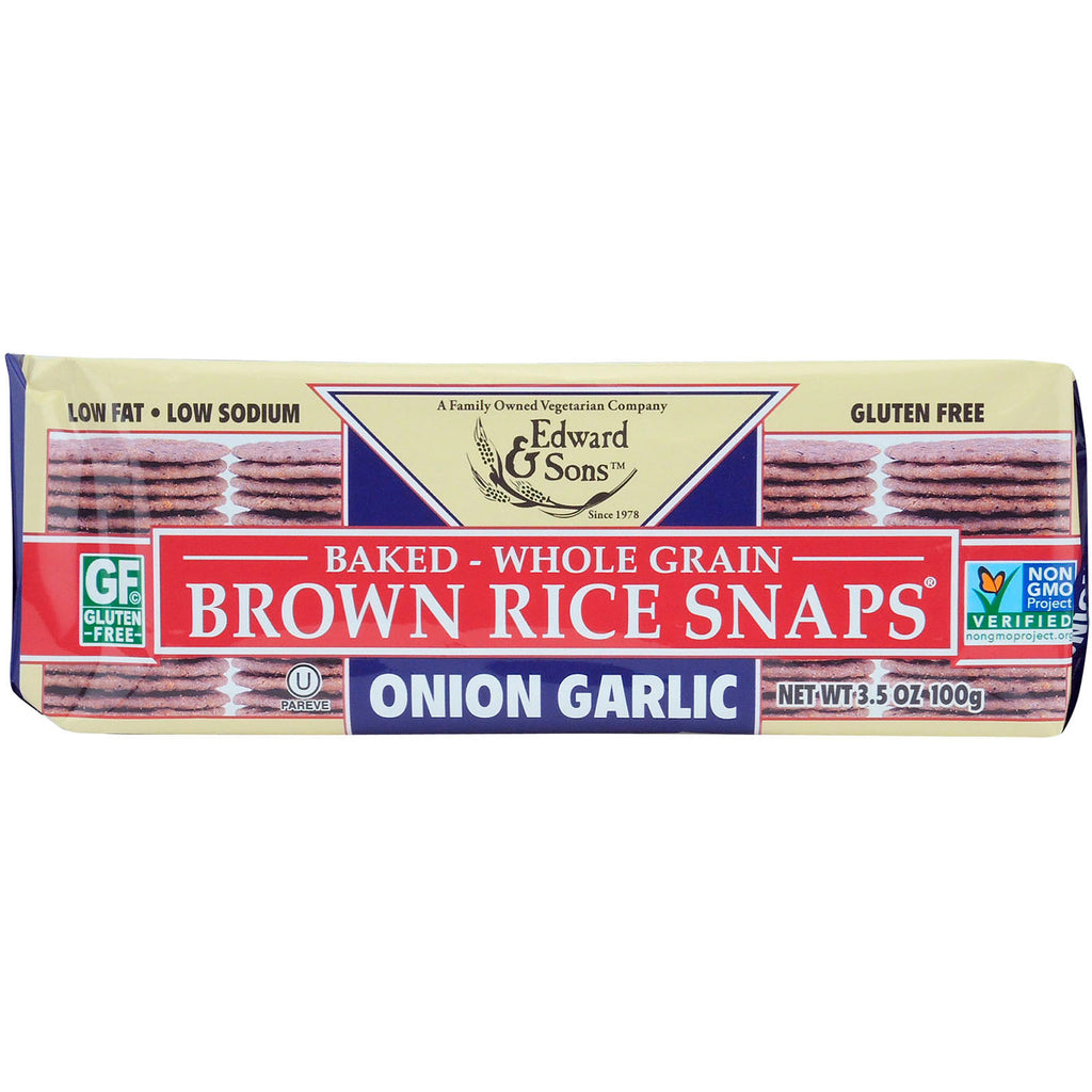 Edward & Sons, bagte fuldkorns brune rissnaps, løg hvidløg, 3,5 oz (100 g)
