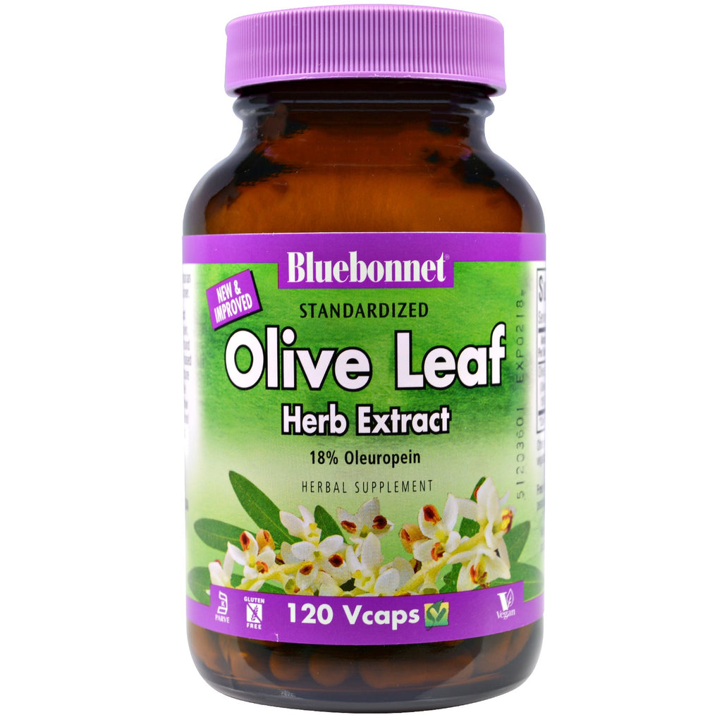Nutrição Bluebonnet, folha de oliveira, extrato de ervas, 120 cápsulas vegetais