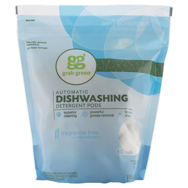 GrabGreen, cápsulas de detergente para lavavajillas automático, sin fragancia, 60 cargas, 2 libras, 6 oz (1080 g)