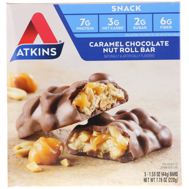 Atkins, Caramel Chocolate Nut Roll Bar, 5 repen, 1,55 oz (44 g) elk