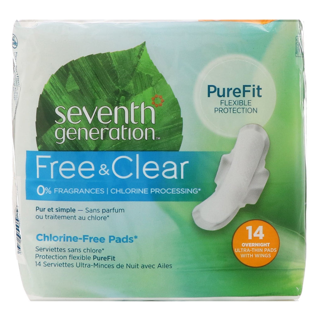 Seventh Generation, Free & Clear Ultra-Thin Pads with Wings, Overnight, 14 Pads