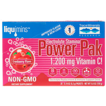 Onderzoek naar sporenmineralen, elektrolytenuithoudingsvermogen, Power Pak, cranberry, 1200 mg, 30 pakjes, elk 0,19 oz (5,3 g)