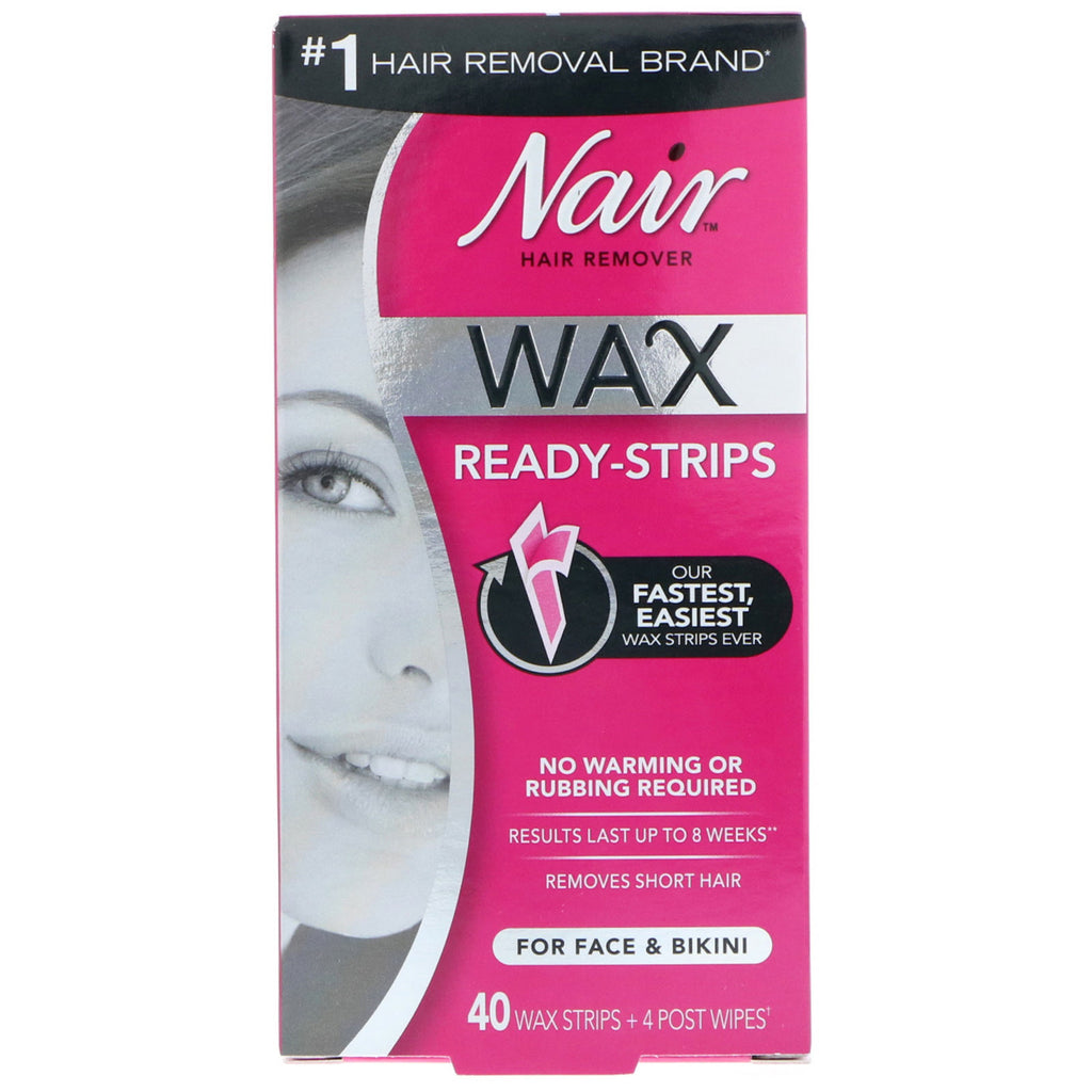 Nair , Hair Remover, Wax Ready-Strips, For Face & Bikini, 40 Wax Strips + 4 Post Wipes