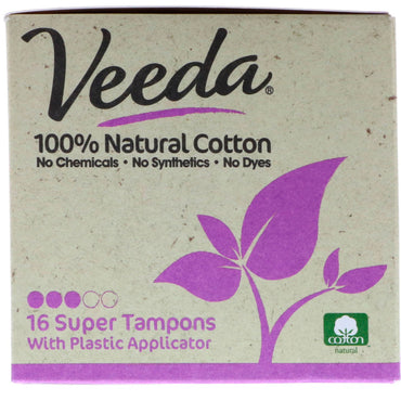 Veeda, Tampon en coton 100 % naturel avec applicateur en plastique, Super, 16 tampons