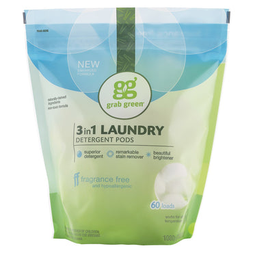 GrabGreen, cápsulas de detergente para ropa 3 en 1, sin fragancia, 60 cargas, 2 libras, 6 oz (1080 g)