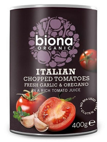 Biona Organic Chopped Tomatoes with Garlic and Oregano. (order in singles or 12 for trade outer)