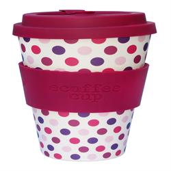 オーガニックバンブーファイバー 再利用可能コーヒーカップ ピンクポルカ 400ml (下取り用は 1 個または 36 個で注文)