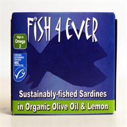 Hele sardiner i økologisk olie og citron 135g (bestilles i singler eller 10 for bytte ydre)