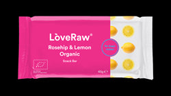 50% OFF LoveRaw 유기농 스낵바 로즈힙 & 레몬 45g(소매용 아우터는 12개 주문)