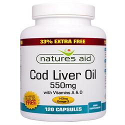 Aceite de hígado de bacalao - Una vez al día - 550 mg - 33% RELLENO EXTRA (pedir por unidad o 10 para el comercio exterior)