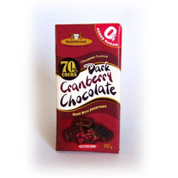Barre de chocolat noir et canneberges sans sucre ajouté 75g (commander en simple ou 12 pour le commerce extérieur)