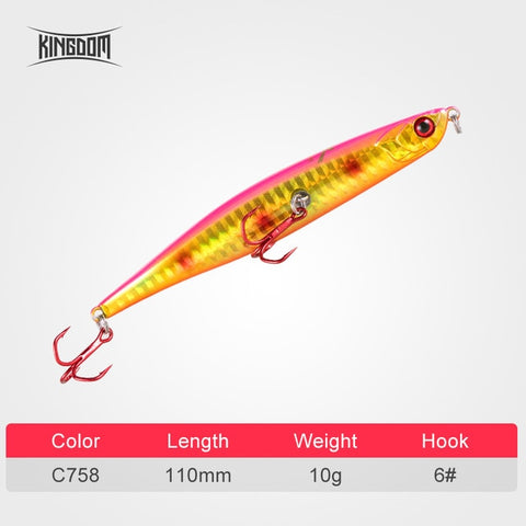 Kingdom-señuelos flotantes para pesca con lápiz, cebos duros de 110mm/10g, 86mm/6,5g, forma doblada, anzuelo VMC rojo para lubina, modelo 5349