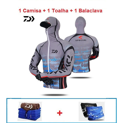 Daiwa-Sudadera con capucha de pesca profesional, protección solar Anti-UV, camisa de pesca para cuello y cara, ropa de pesca transpirable de secado rápido