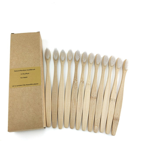 Brosse à dents écologique en charbon de bambou, 12 pièces, pour la santé bucco-dentaire, à faible teneur en carbone, poils moyens et doux, manche en bois