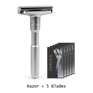 QSHAVE Rasoir de sécurité réglable double tranchant classique pour homme, rasage doux à agressif, 1 à 6 limes, épilation avec 5 lames