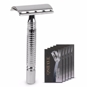 Qshave – rasoir de sécurité classique à manche court, Double tranchant pour hommes, coffret cadeau, poignée de guérison, 1 rasoir et 5 lames