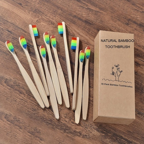 Nuevo diseño, cepillo de dientes de bambú de colores mezclados, cepillo de dientes de madera ecológico, punta de cerda suave, cepillo de dientes de cuidado bucal para adultos de carbón