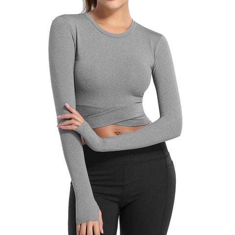 Women Long Sleeve Running Shirts Sexy Exposed Navel Yoga T-shirts Solid Sports Shirts Quick Dry Fitness Gym Crop Tops