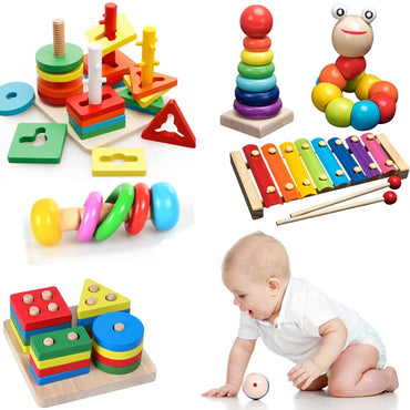 Kids Montessori Wooden Toys Rainbow Blocks Kid Learning Toy Baby Music Rattles Graphic Colorful Wooden Blocks Educational Toy