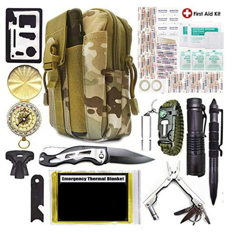 Kit de supervivencia de emergencia, equipo de supervivencia, botiquín de primeros auxilios, herramienta táctica SOS, linterna con bolsa Molle adecuada para acampar y aventuras