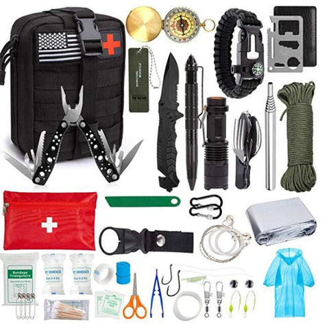 Kit de survie d'urgence, équipement de survie, trousse de premiers soins, outil tactique SOS, lampe de poche avec sac Molle, adapté à l'aventure en Camping