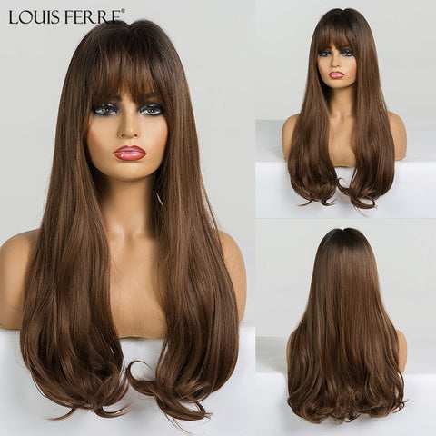 LOUIS FERRE-peluca ondulada larga para mujer, color negro, marrón, dorado, miel, ondulada con reflejos, pelucas sintéticas para Cosplay, pelucas de parte media resistentes al calor