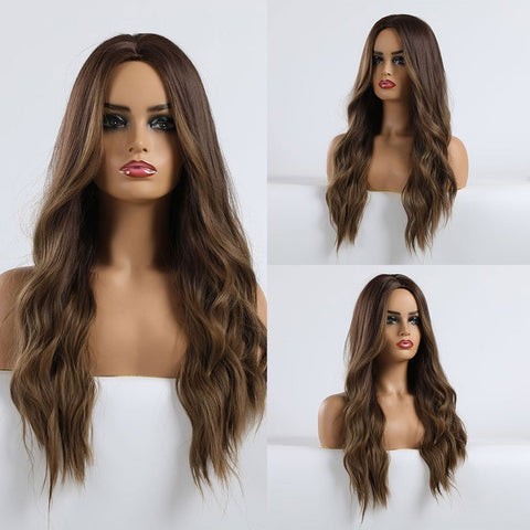 LOUIS FERRE Long Black Brown Gloden Honey Wavy Wig with Highlights Cosplay Synthetic Wigs Women Heat Resistant Middle Part Wigs