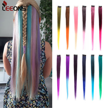 Leeons – Extensions de cheveux synthétiques à reflets colorés, postiche lisse de 20 pouces de long avec bandes de couleur, pour les Fans de sport, une seule pièce