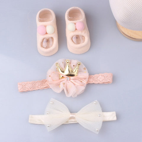 3Pcs/Set Lace Flower Baby Girl Headband Socks Set Crown Bows Newborn Hairband Headbands For Girls Turban Baby Hair Accessories