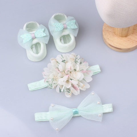 3 unids/set de diadema de flores de encaje para niña, conjunto de calcetines, lazos de corona, diadema para recién nacido, diademas para niñas, turbante, accesorios para el cabello de bebé