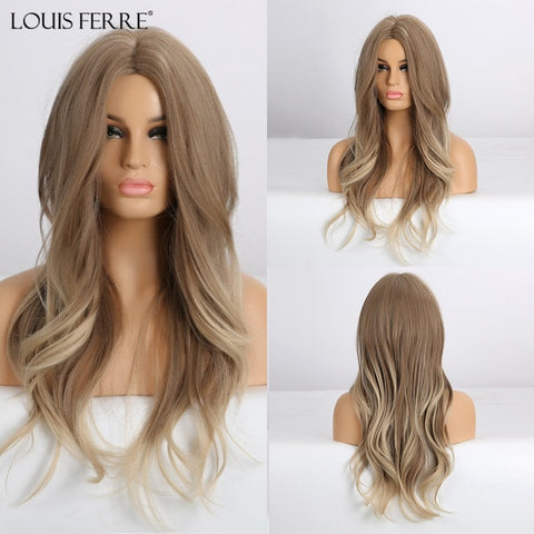 LOUIS FERRE Long Black Brown Gloden Honey Wavy Wig with Highlights Cosplay Synthetic Wigs Women Heat Resistant Middle Part Wigs