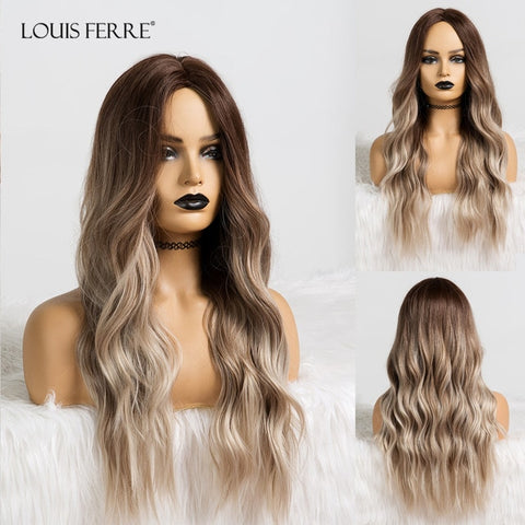 LOUIS FERRE – perruque synthétique ondulée longue, noire, brune, miel, Gloden, avec reflets, perruques de Cosplay pour femmes, résistantes à la chaleur avec raie centrale