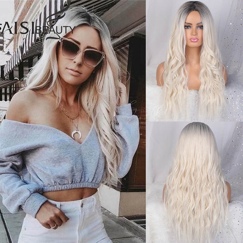 AISI BEAUTY perruque femme longue ondulée partie naturelle cheveux latéraux Ombre perruques synthétiques platine/blonde/noir perruques résistantes à la chaleur pour les femmes