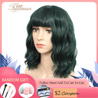 FREEWOMAN Green Synthetic Wig Lolita Short Bob Wig With Bangs Cosplay Water Wave Synthetic Hair Wigs For Women American Style