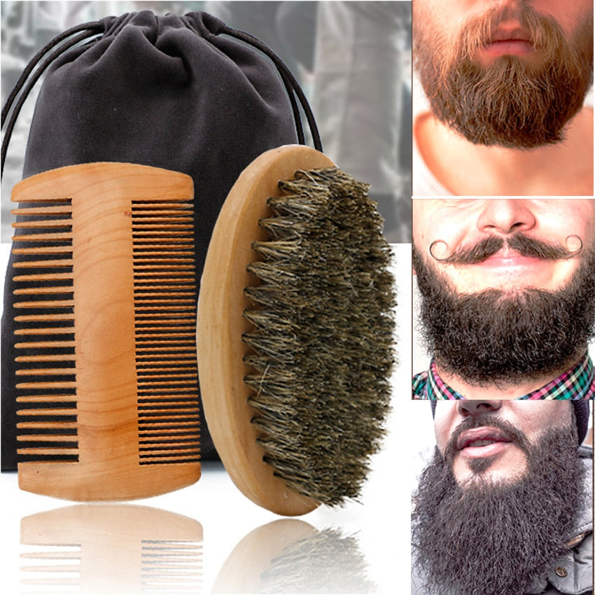 Cepillo de madera para Barba con cerdas de jabalí suaves de alta calidad, herramienta de afeitado para peluquería, Kit de peine para bigote con bolsa de regalo, juego de peine para pelo y barba