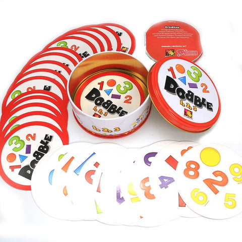 20 Styles Dobble Spot It Toy Iron Box 55 Cards Sport Fun Family Animals Jr Hip Kids Board Game Gift Holidays Camping 123 Tin Box