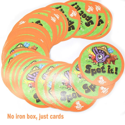 20 styles Dobble Spot It Toy Iron Box 55 cartes Sport Fun Famille Animaux Jr Hip Enfants Jeu de société Cadeau Vacances Camping 123 Boîte en fer blanc